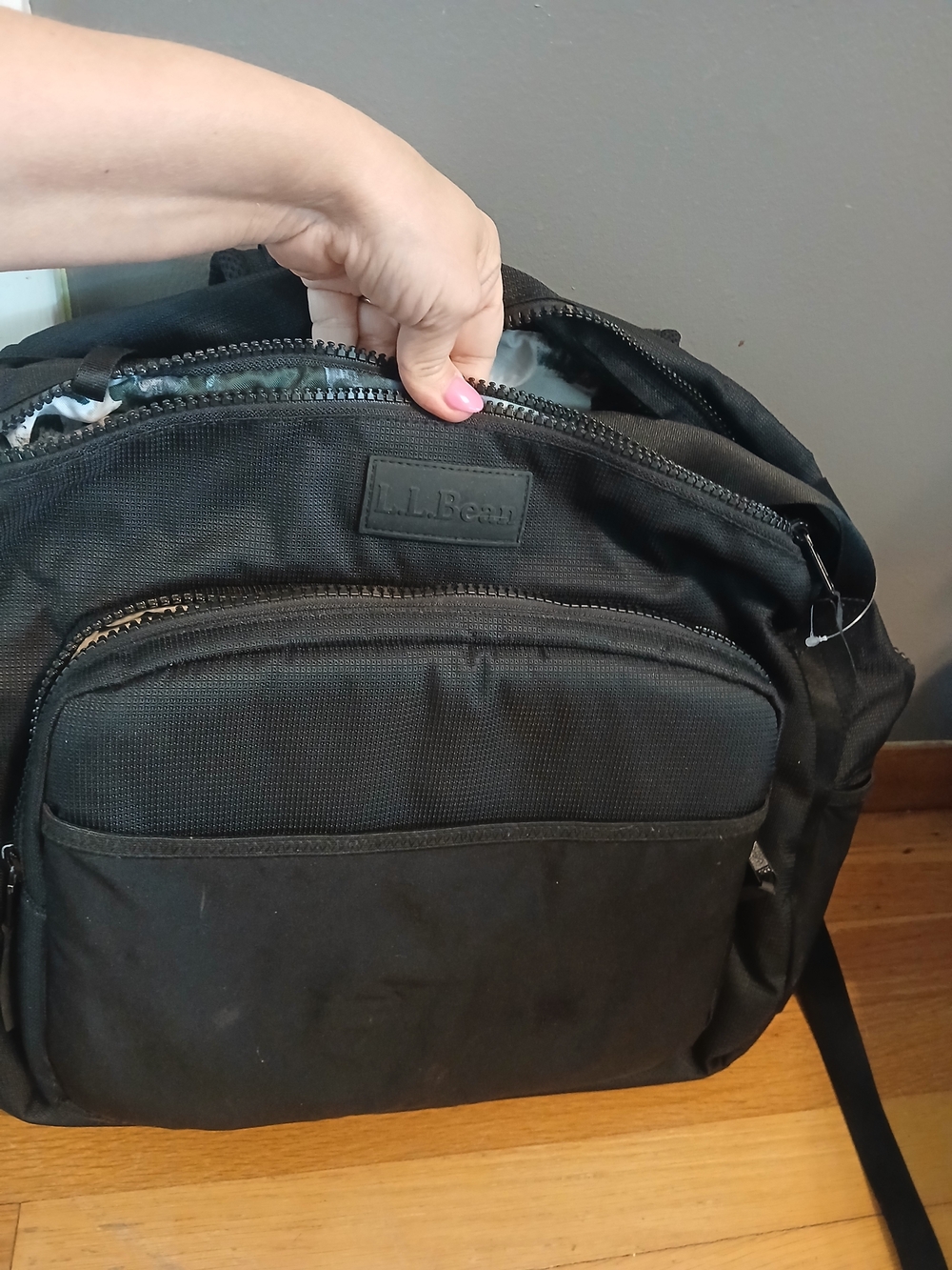 L.L.Bean Black Diaper Bag Backpack with Printed Interior Lining, Zip Closure